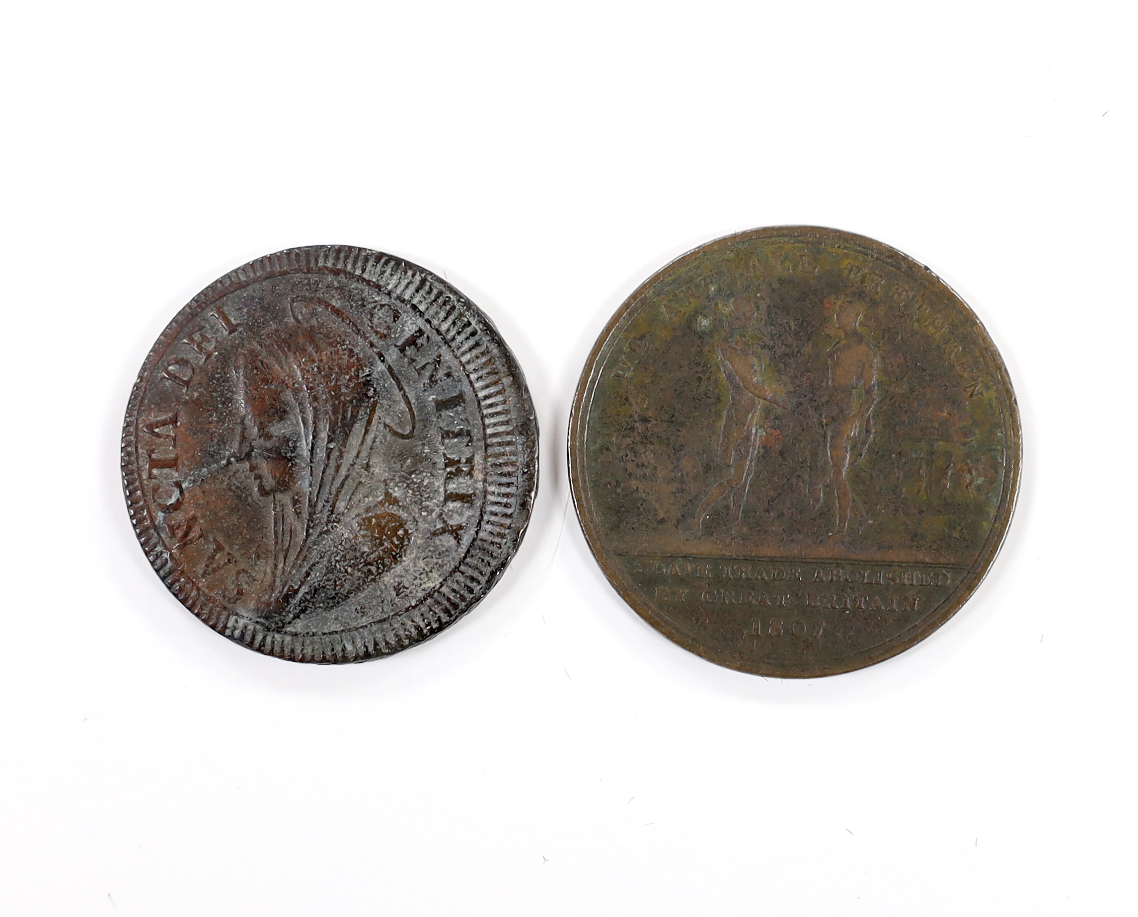 Slave Trade Abolished by Great Britain 1807 - Bronze Medal by G.F. Pidgeon OBV African and European shaking hands, REV Arabic legend, 36mm (DW 188/694; E.984), Fine or better and Vatican City, Papal States, 5 Baiocchi, P